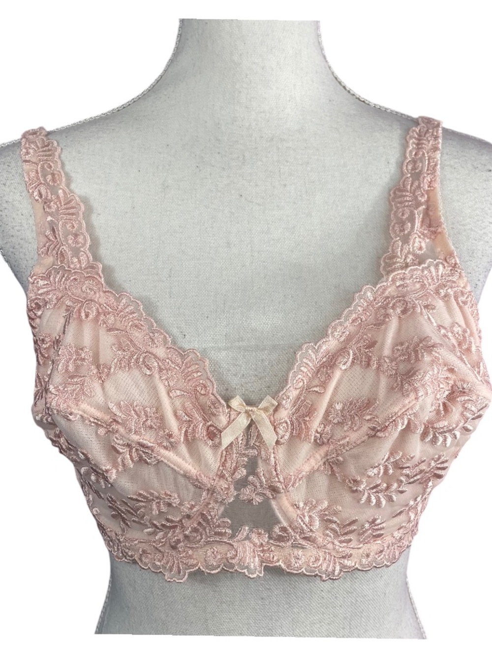 Embroidered Lace Bra 36C Allover Blush Pink Underwire Full Coverage Breezies VTG